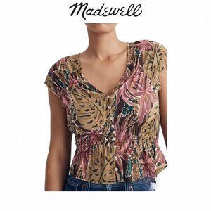 Madewell Linen Blend Smocked Peplum Cottagecore Floral Button Front Top Pink XS